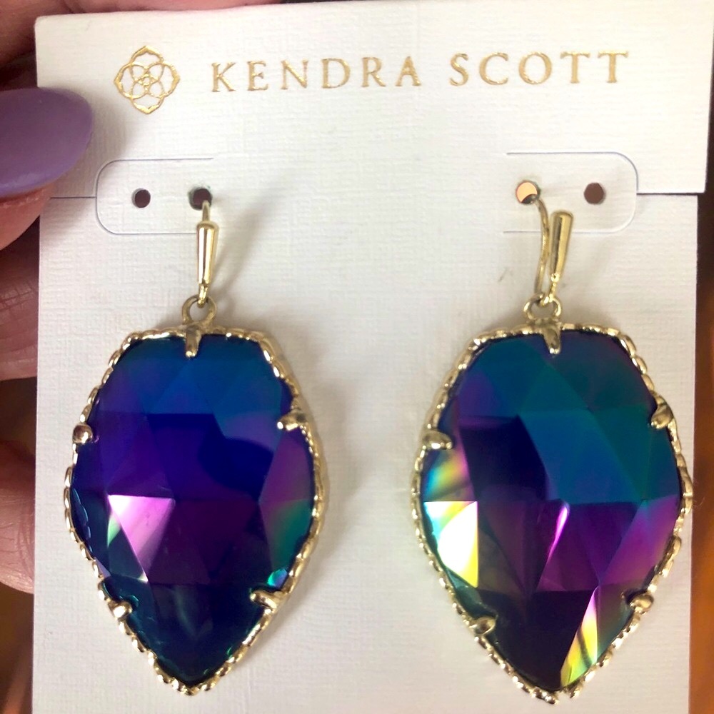 RARE & RETIRED Kendra Scott Corley Earrings Cobalt Iridescent Yellow Gold GORG! - Picture 5 of 13
